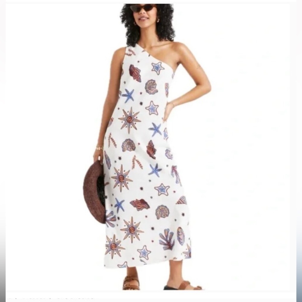 NWT Linen Blend Shell Print One-Shoulder Dress 🐚